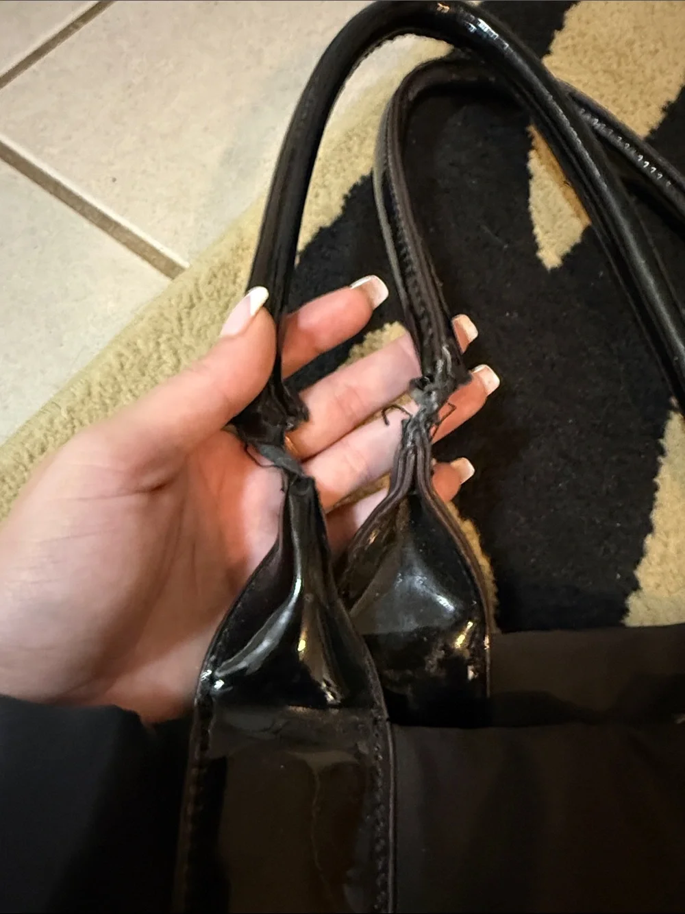 Tory Burch Black Nylon Tote with Patent Leather Trim & studs on logo.